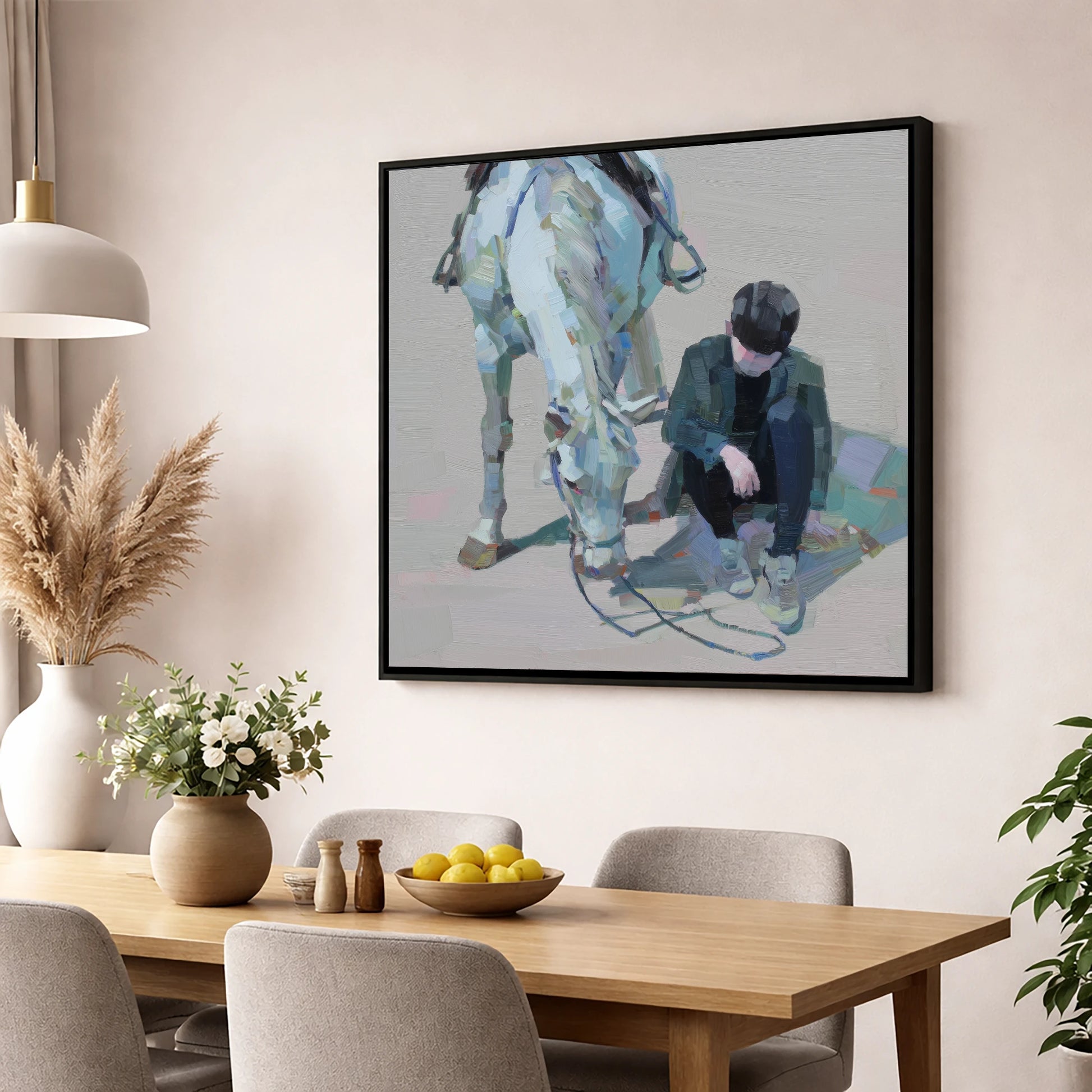 Shared Silence horse & rider wall art displayed in a dining room