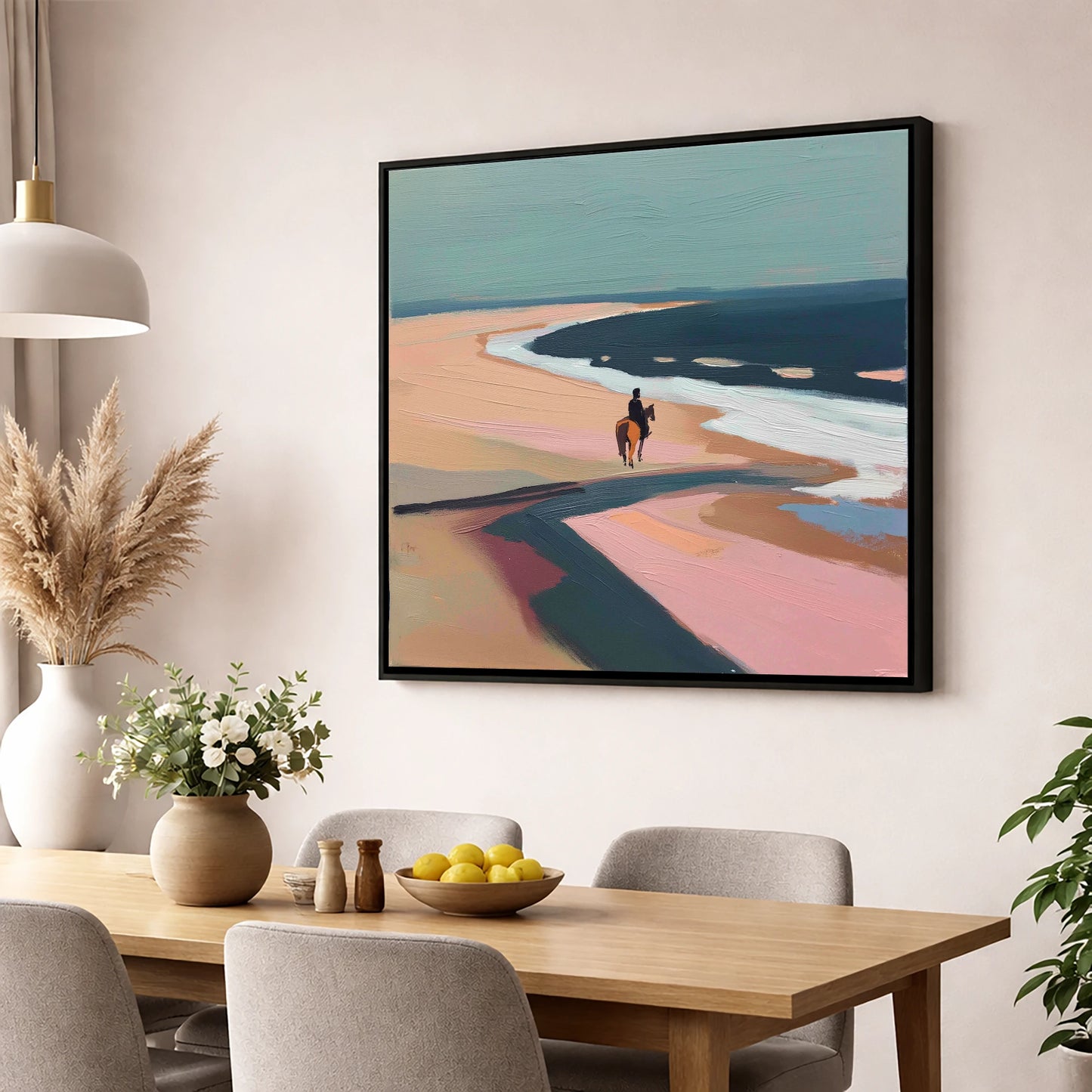 Coastal Solitude horse landscape wall art displayed in a dining room