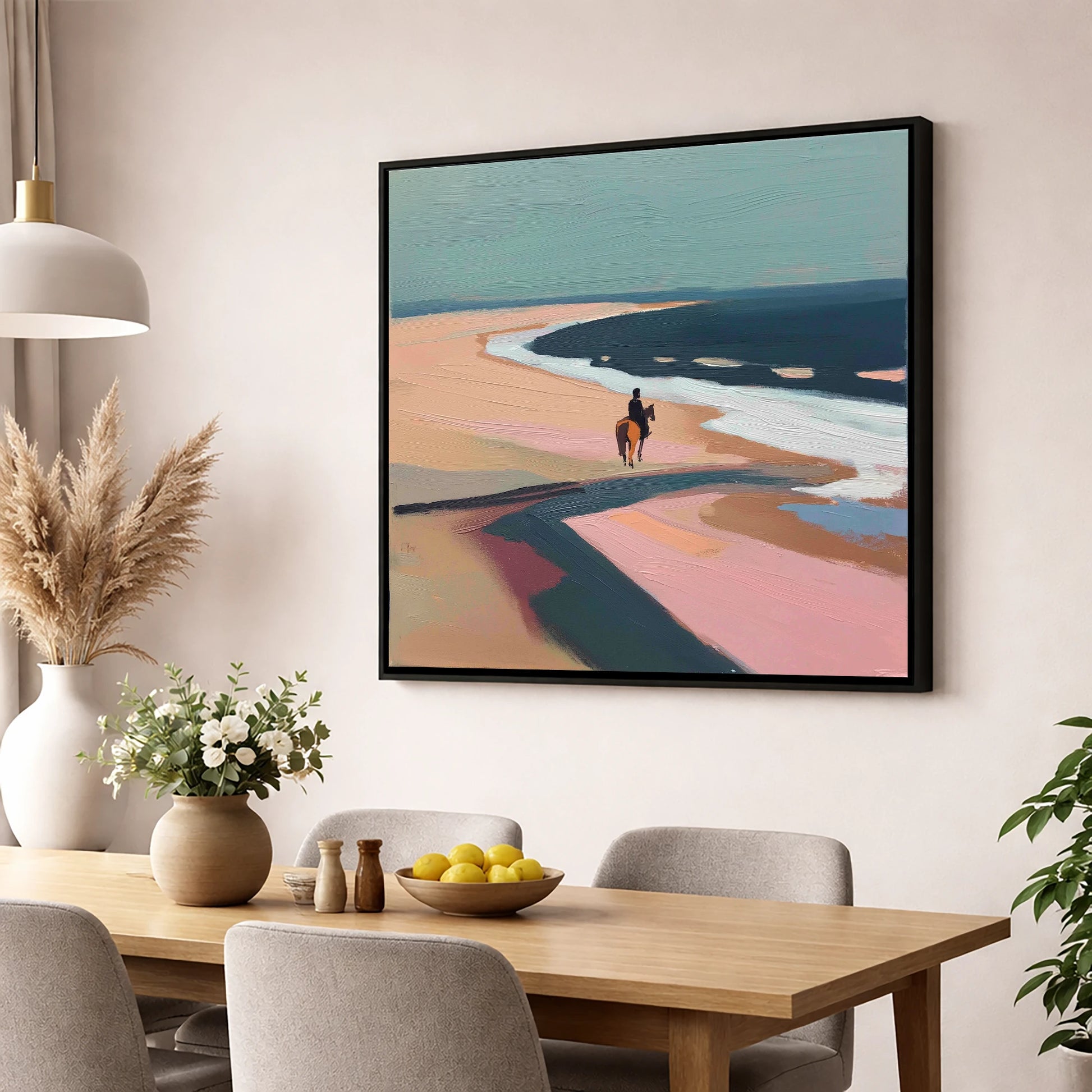 Coastal Solitude horse landscape wall art displayed in a dining room