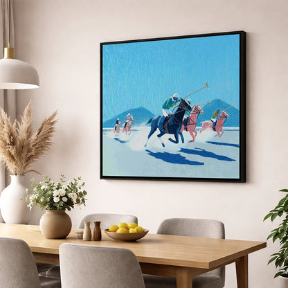 Azure Polo Pursuit polo horse wall art displayed in a dining room