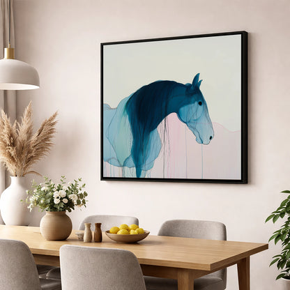 Fluid Blue Grace horse breed wall art displayed in a dining room