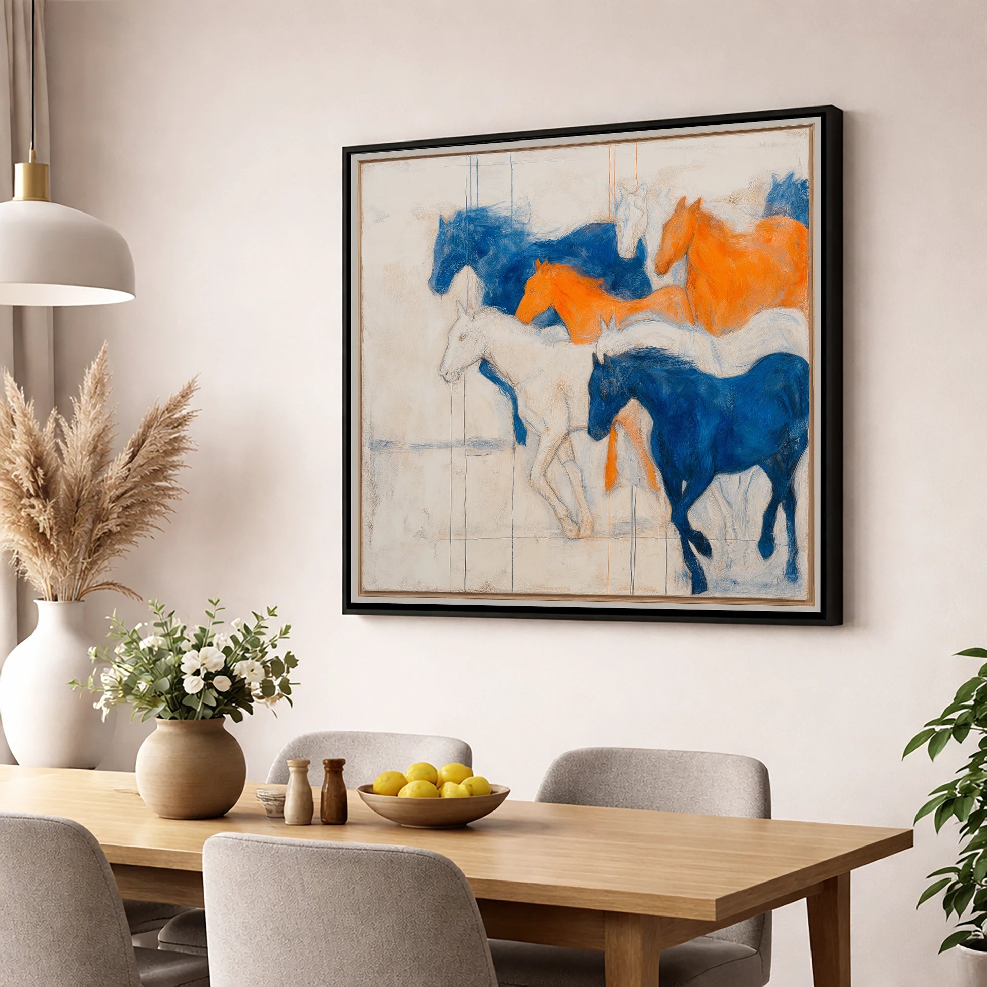Bold Momentum racing horse wall art displayed in a dining room