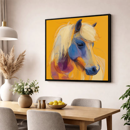 Cobalt and Gold Contour horse breed wall art displayed in a dining room