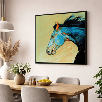 Cerulean Spirit racing horse wall art displayed in a dining room