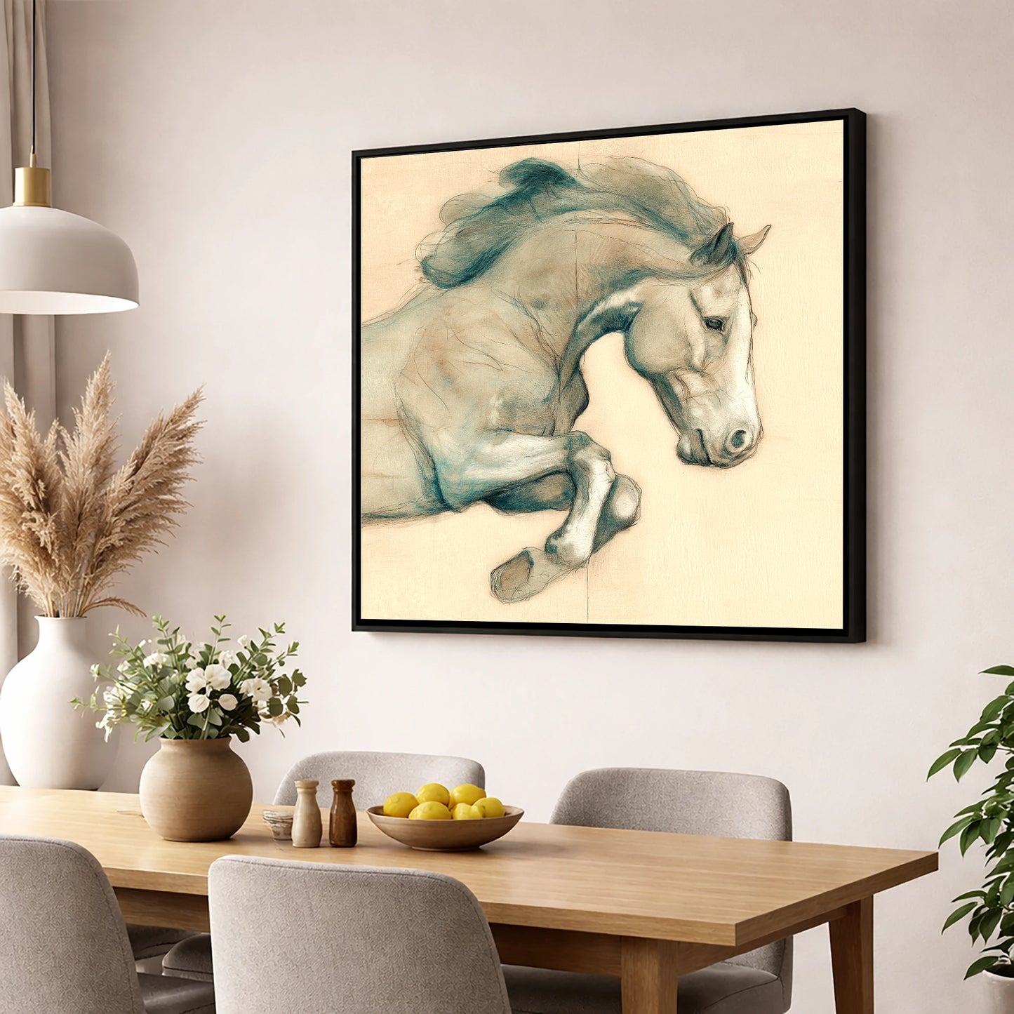 Suspended Grace horse portrait wall art displayed in a dining room
