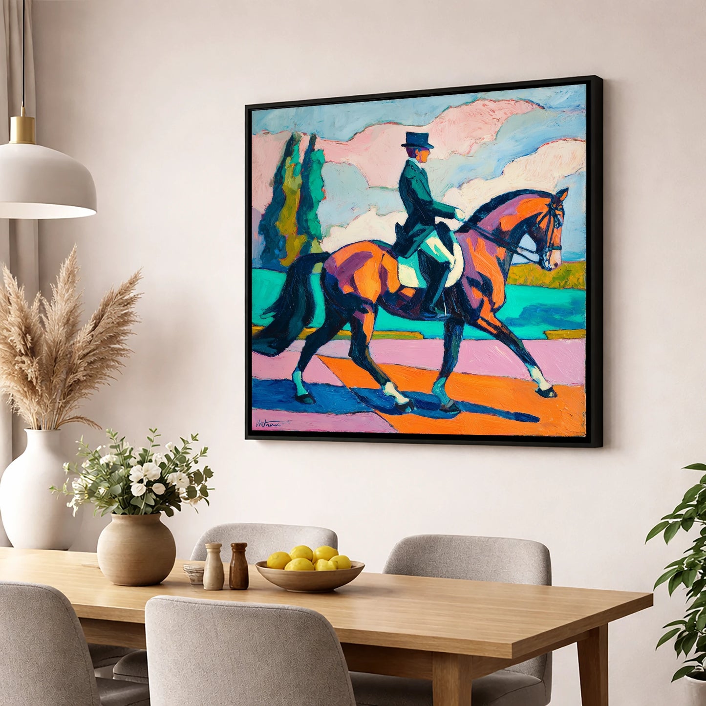 Vibrant Dressage Rhythm dressage horse wall art displayed in a dining room