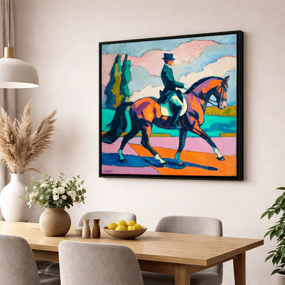 Vibrant Dressage Rhythm dressage horse wall art displayed in a dining room