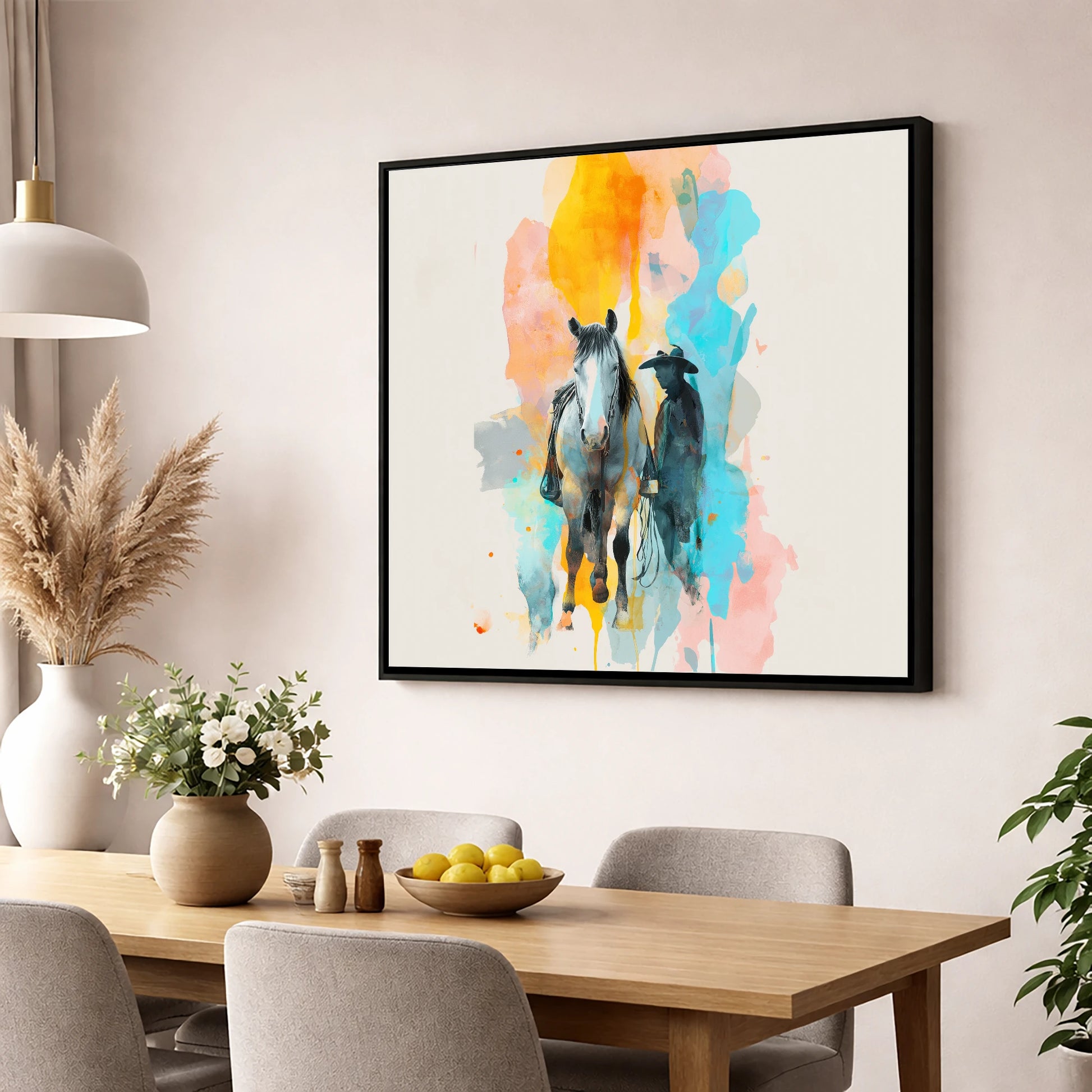 Vibrant Frontier Bond western horse wall art displayed in a dining room