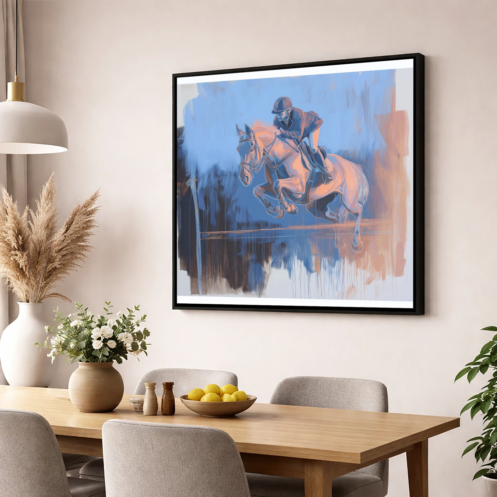 Suspended Over Cobalt show jumping horse wall art displayed in a dining room