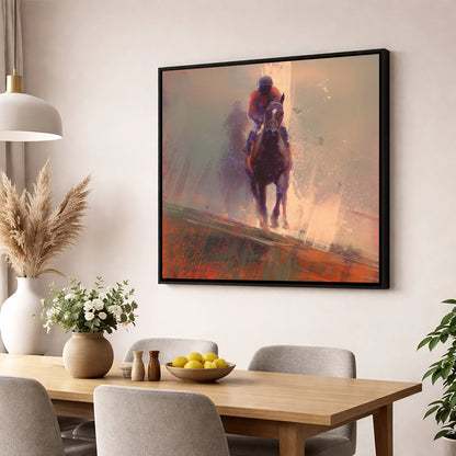 Surging Forward racing horse wall art displayed in a dining room