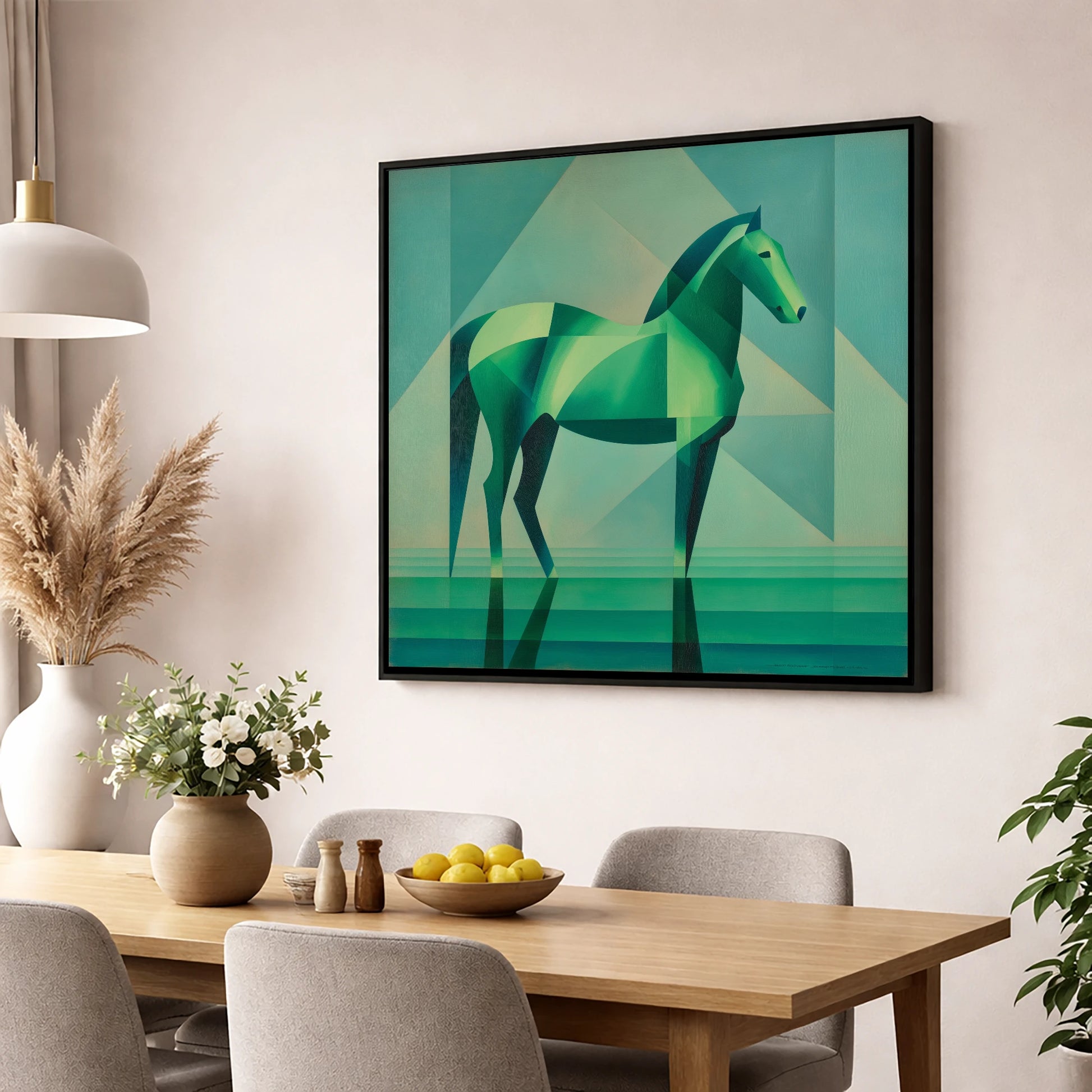 Emerald Geometric Equine horse portrait wall art displayed in a dining room