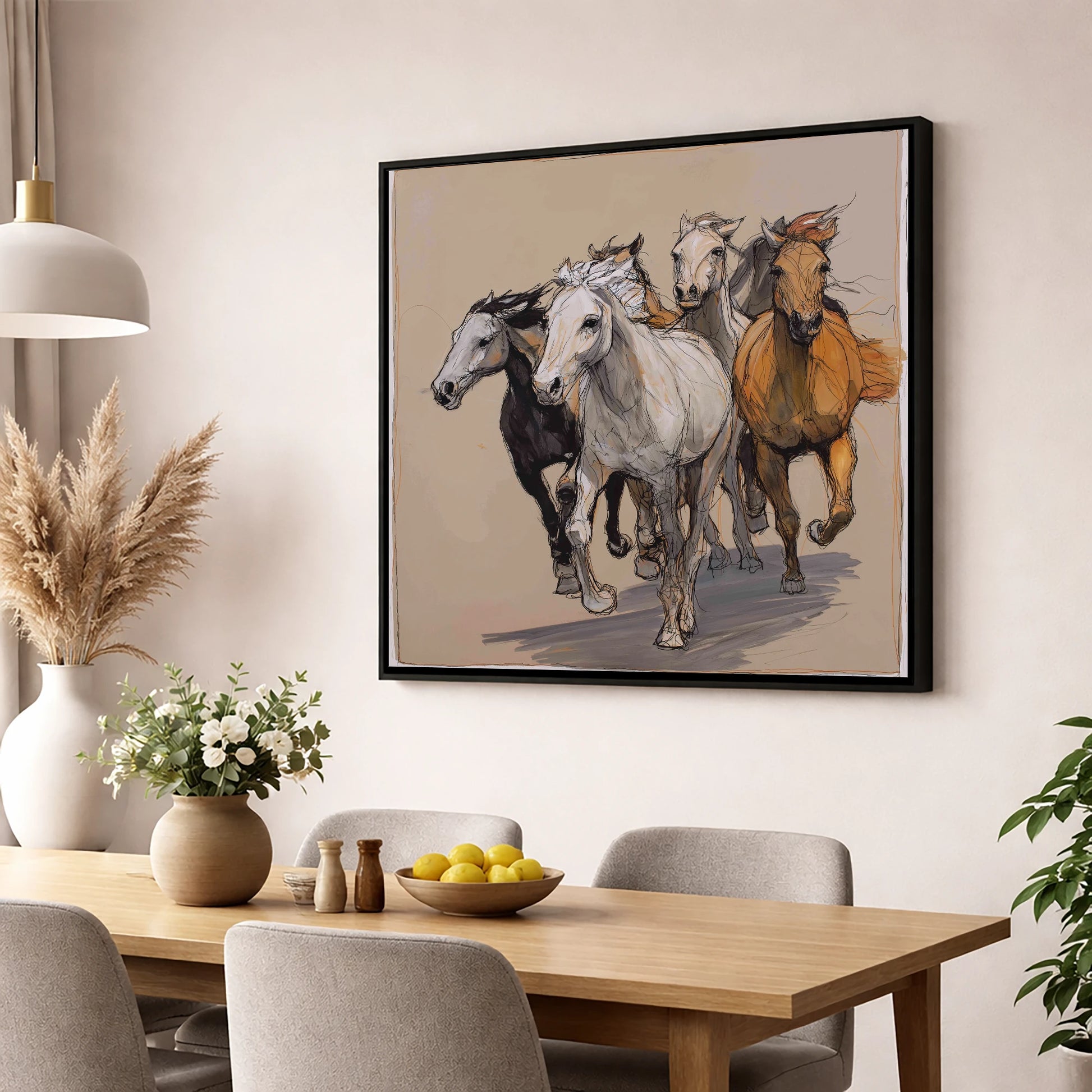 Unbridled Momentum wild horses wall art displayed in a dining room