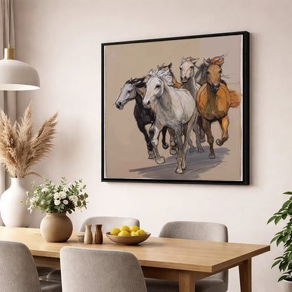 Unbridled Momentum wild horses wall art displayed in a dining room