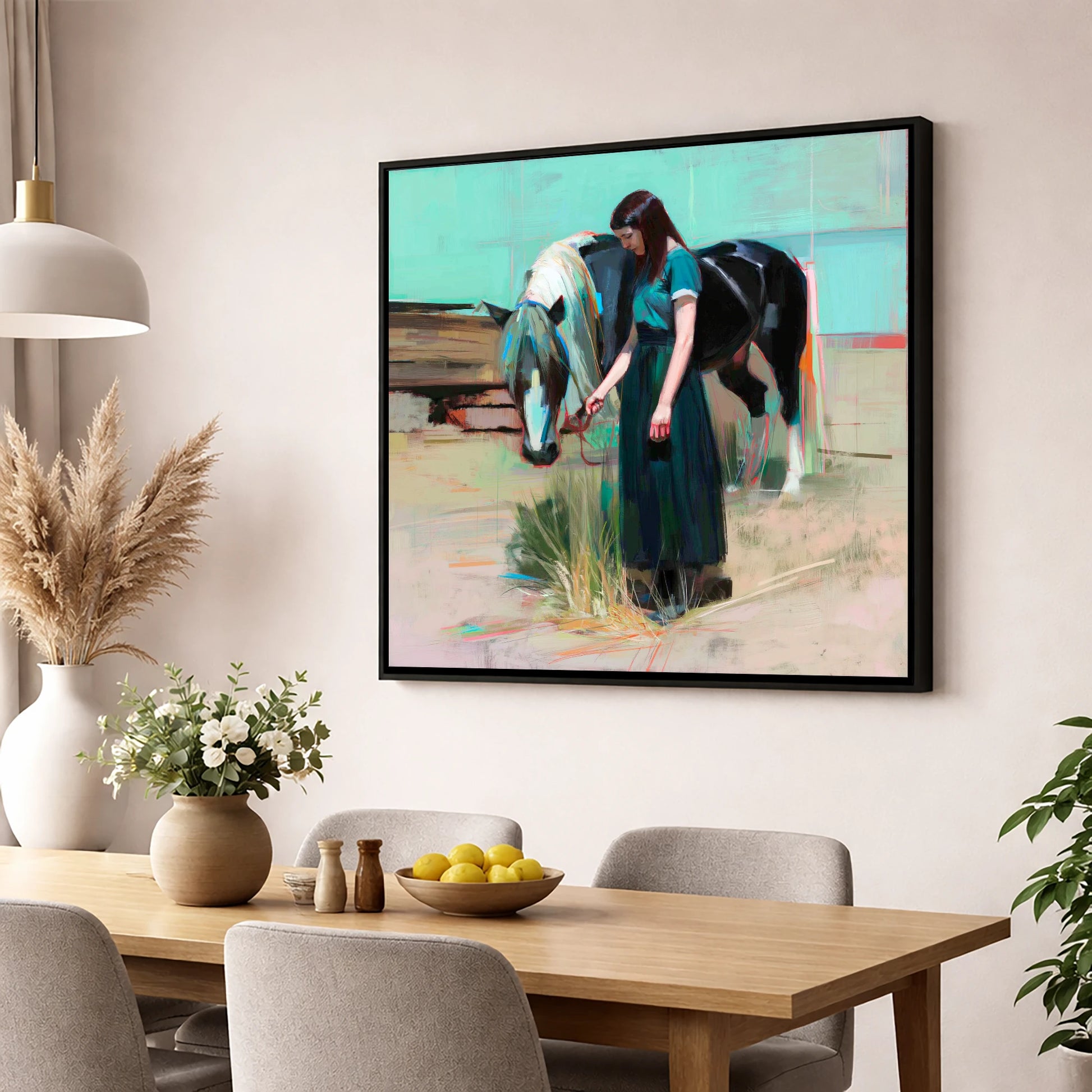 Stillness in Teal horse & rider wall art displayed in a dining room