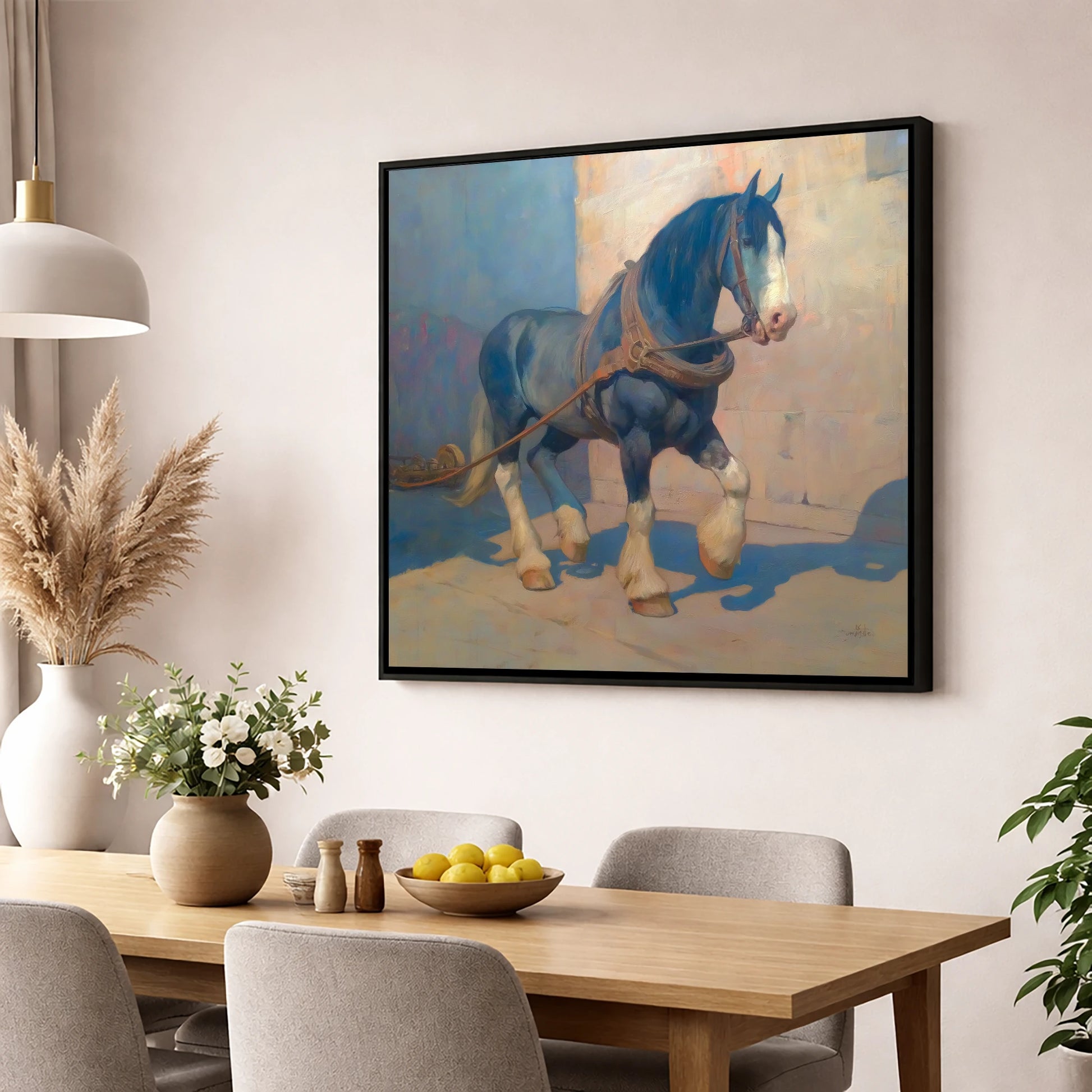 Strength in Harness horse breed wall art displayed in a dining room