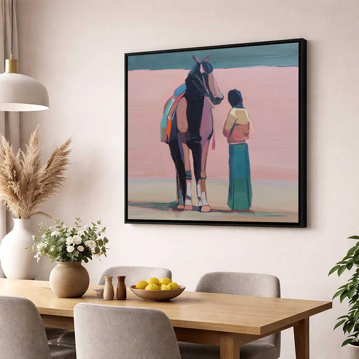 Stillness in Rose horse & rider wall art displayed in a dining room