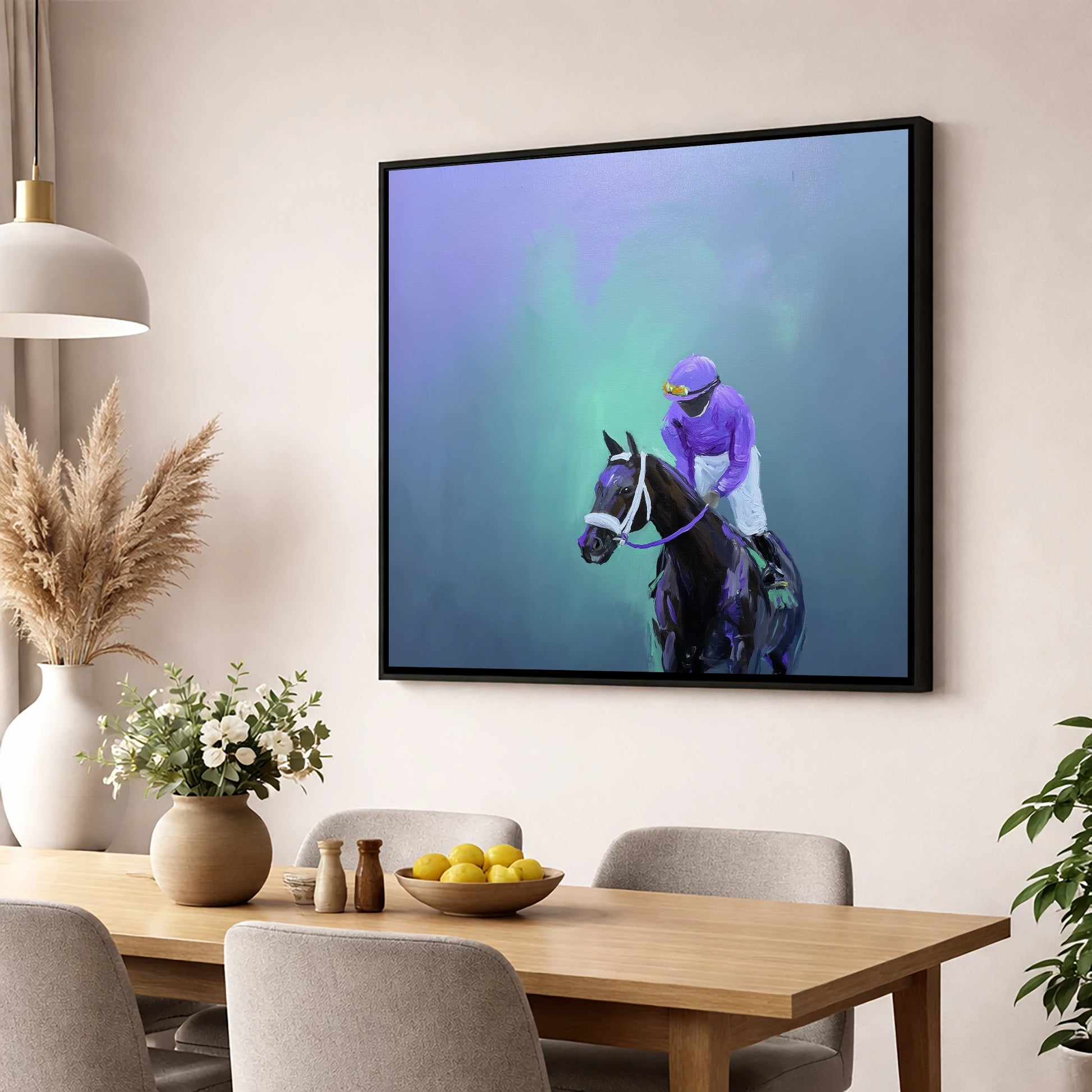 Quiet at the Post racing horse wall art displayed in a dining room