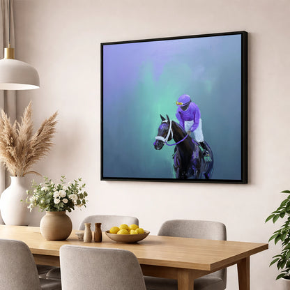 Quiet at the Post racing horse wall art displayed in a dining room