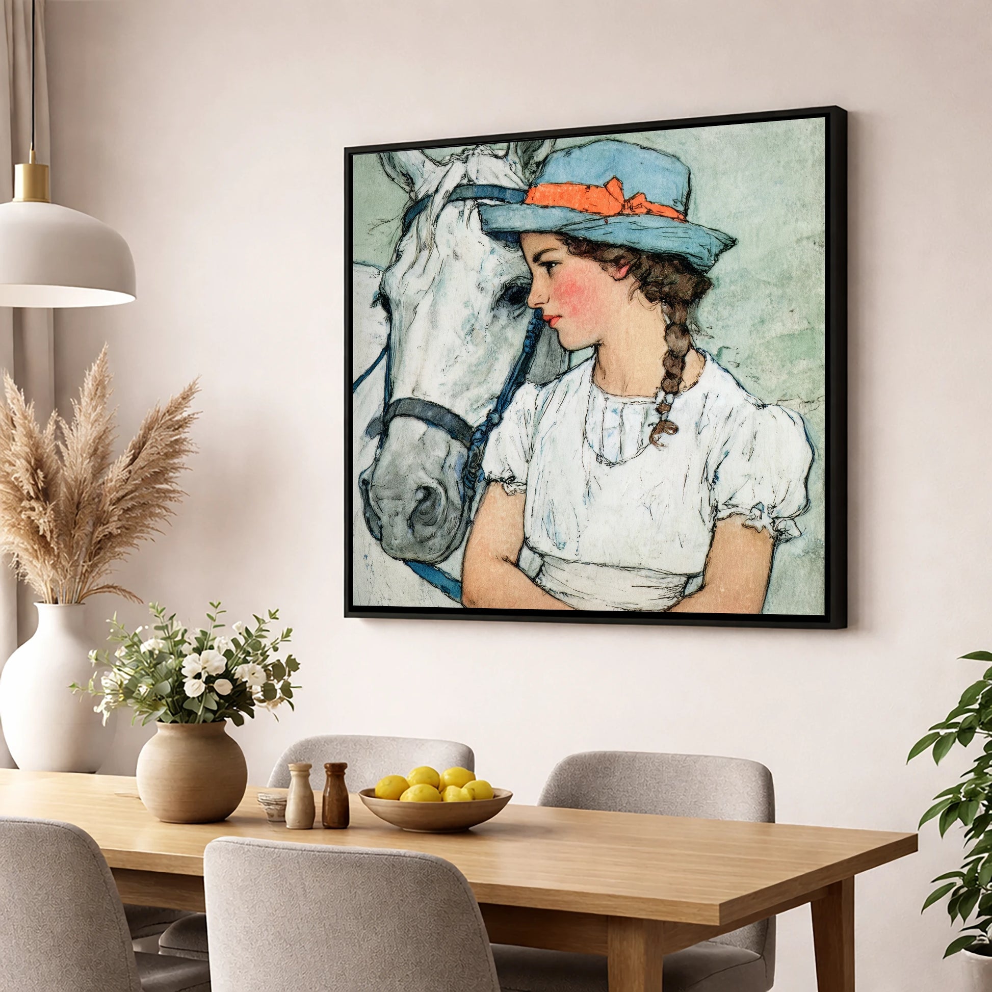 A Quiet Bond horse & rider wall art displayed in a dining room