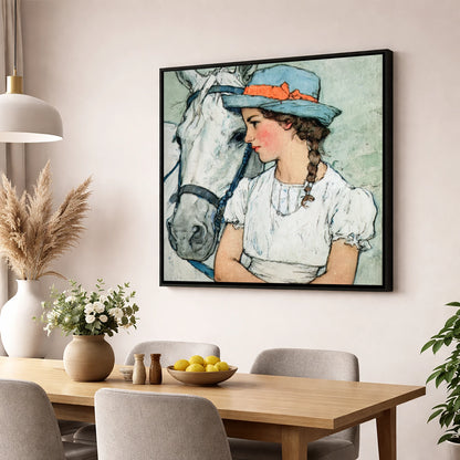 A Quiet Bond horse & rider wall art displayed in a dining room