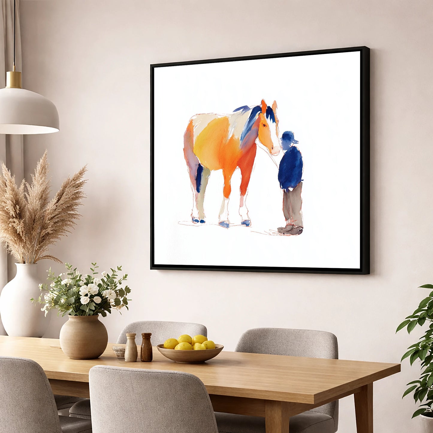 A Quiet Connection working horse wall art displayed in a dining room