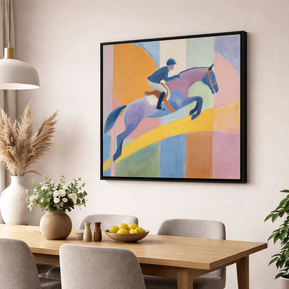 Harmony in Flight show jumping horse wall art displayed in a dining room