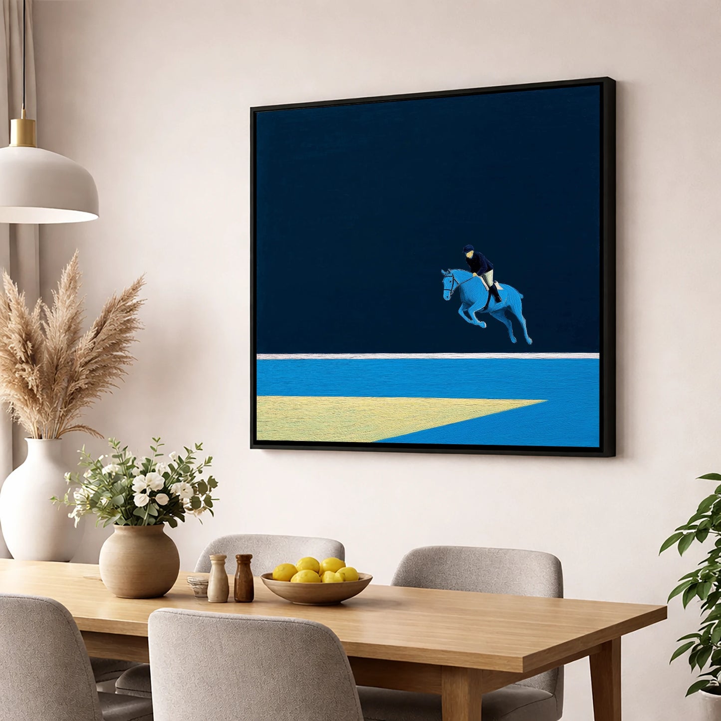 Midnight Blue Suspension show jumping horse wall art displayed in a dining room