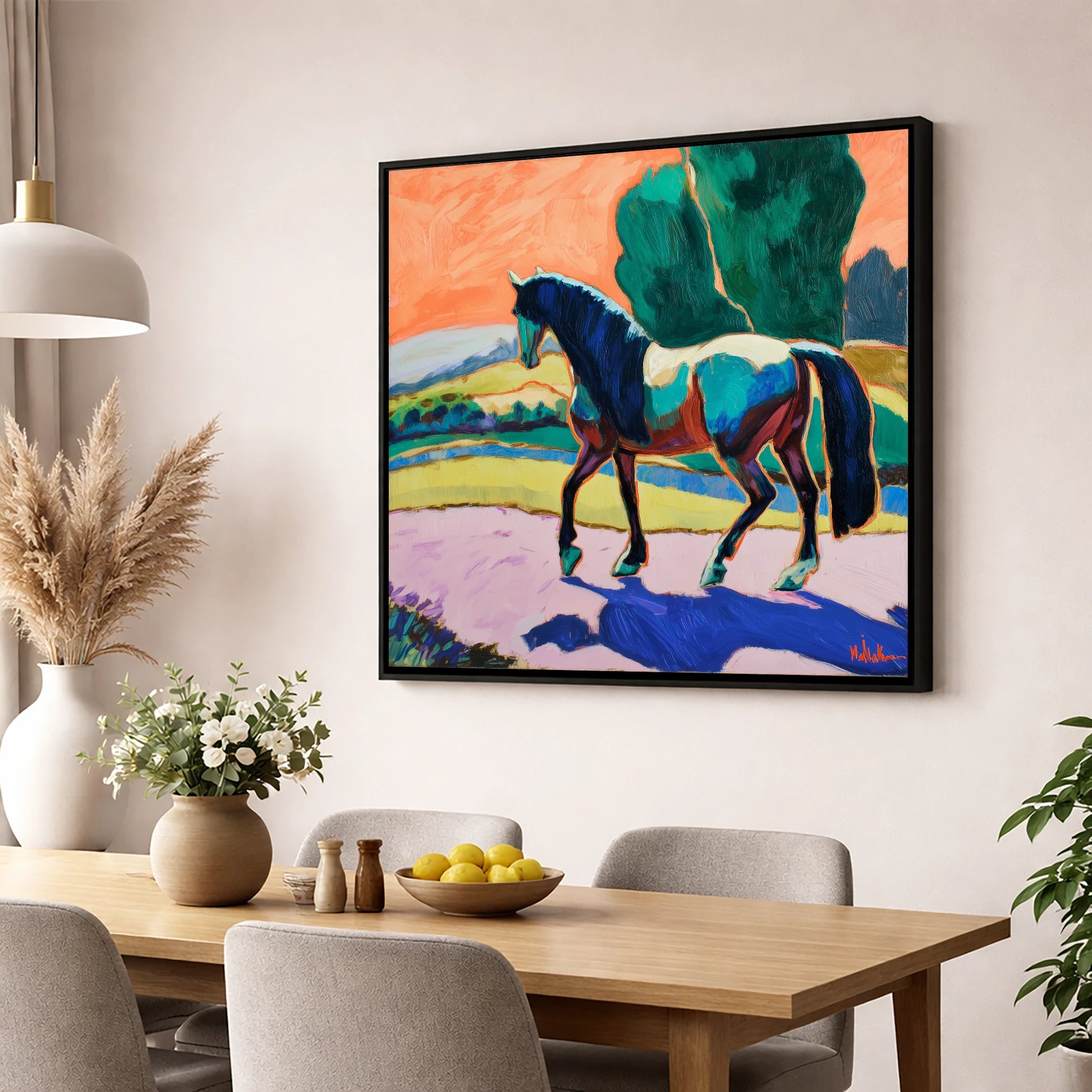 The Cobalt Stride horse breed wall art displayed in a dining room