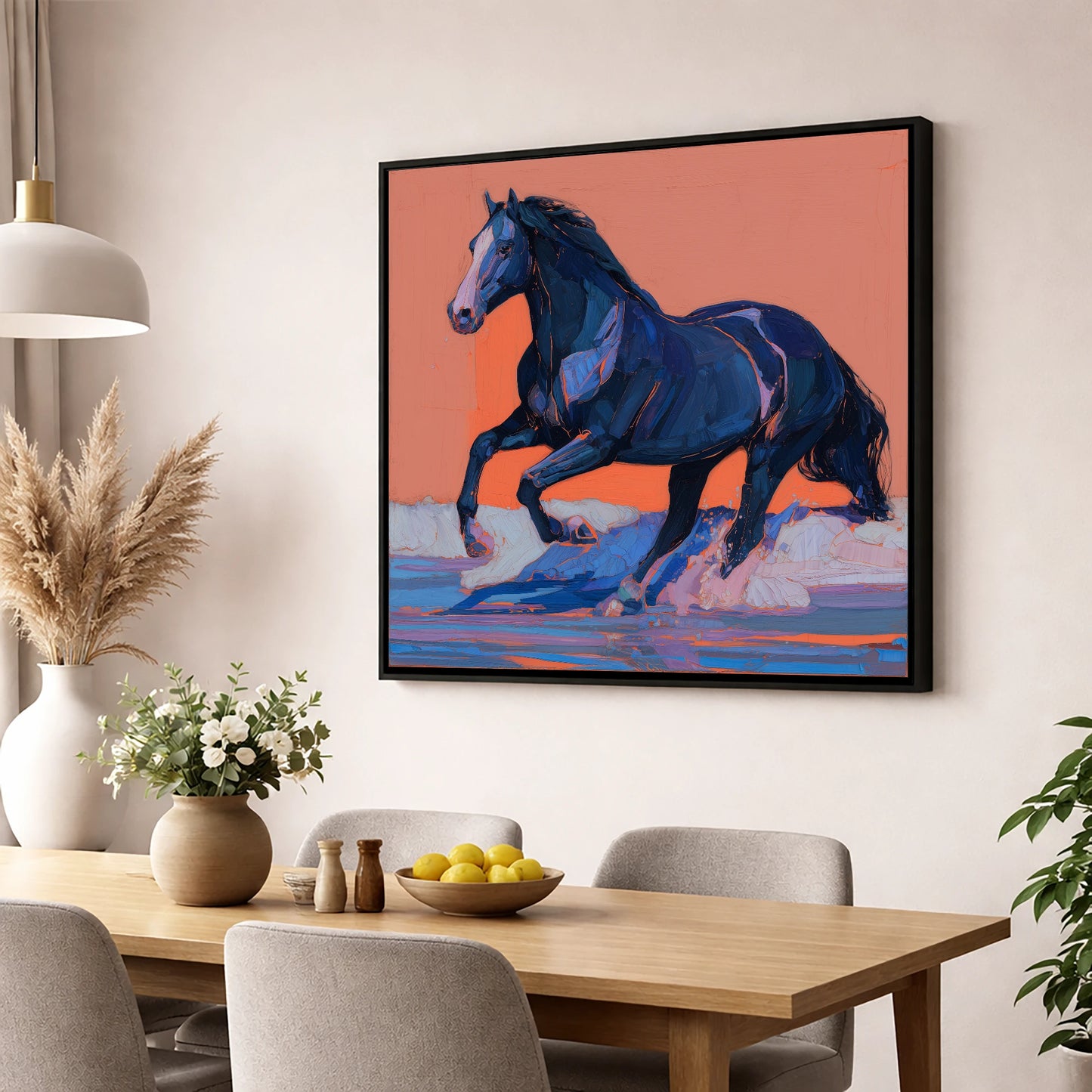 Indigo Surf Canter beach horse wall art displayed in a dining room