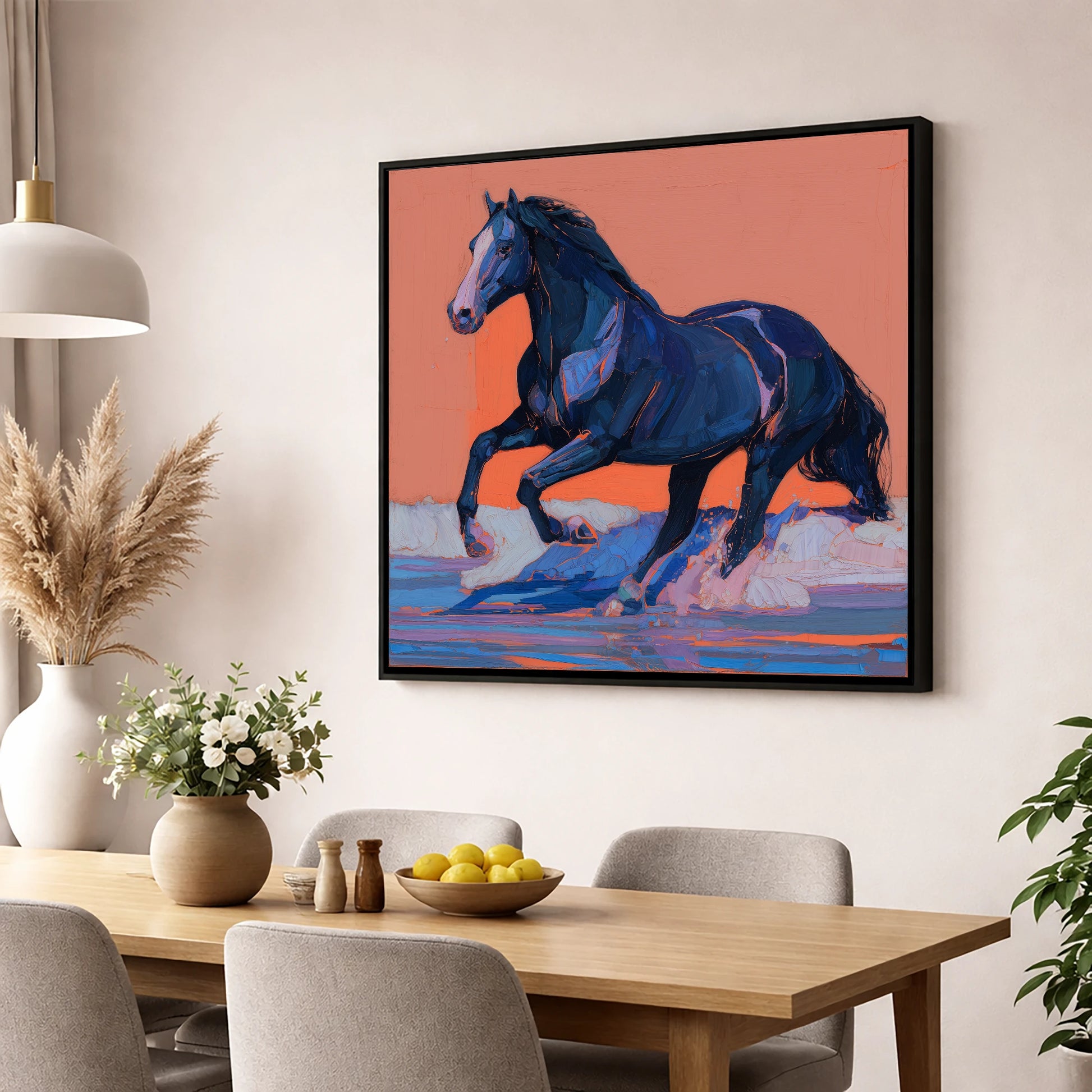 Indigo Surf Canter beach horse wall art displayed in a dining room