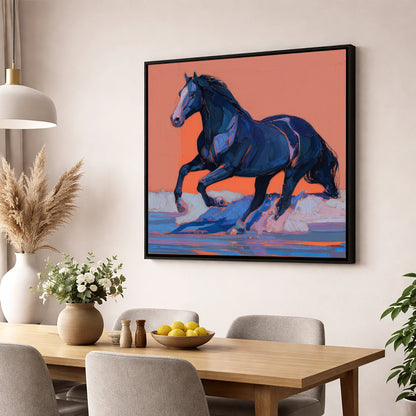 Indigo Surf Canter beach horse wall art displayed in a dining room