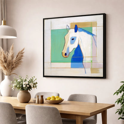 Geometric Azure Equine horse portrait wall art displayed in a dining room