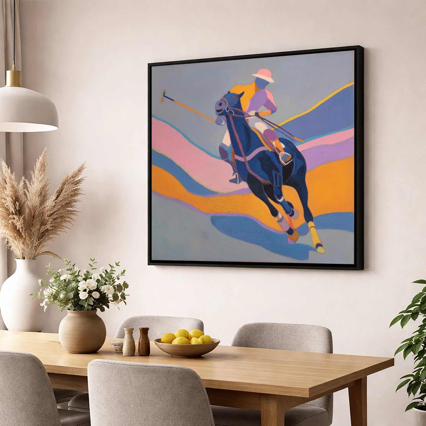 Dynamic Polo Pursuit polo horse wall art displayed in a dining room