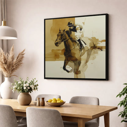 Sepia Sprint racing horse wall art displayed in a dining room