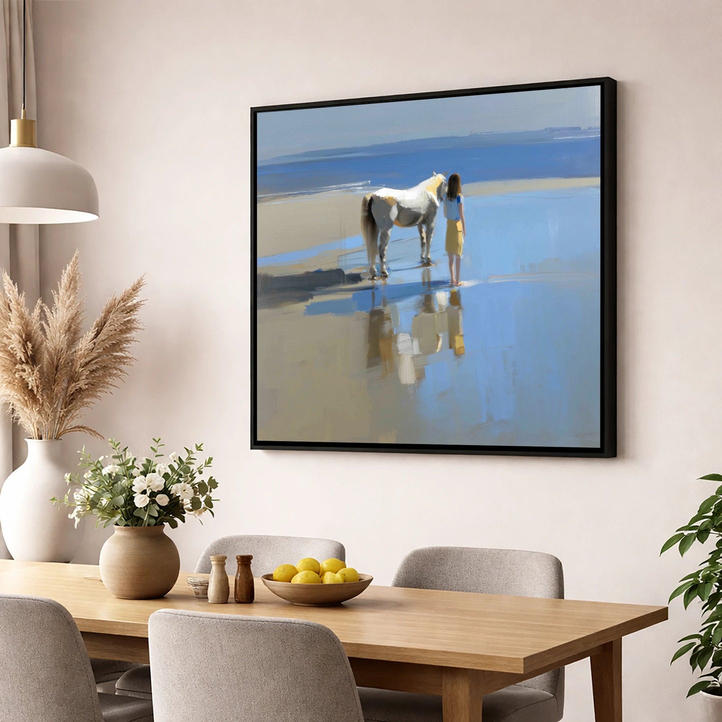 Reflections on the Shore horse & rider wall art displayed in a dining room