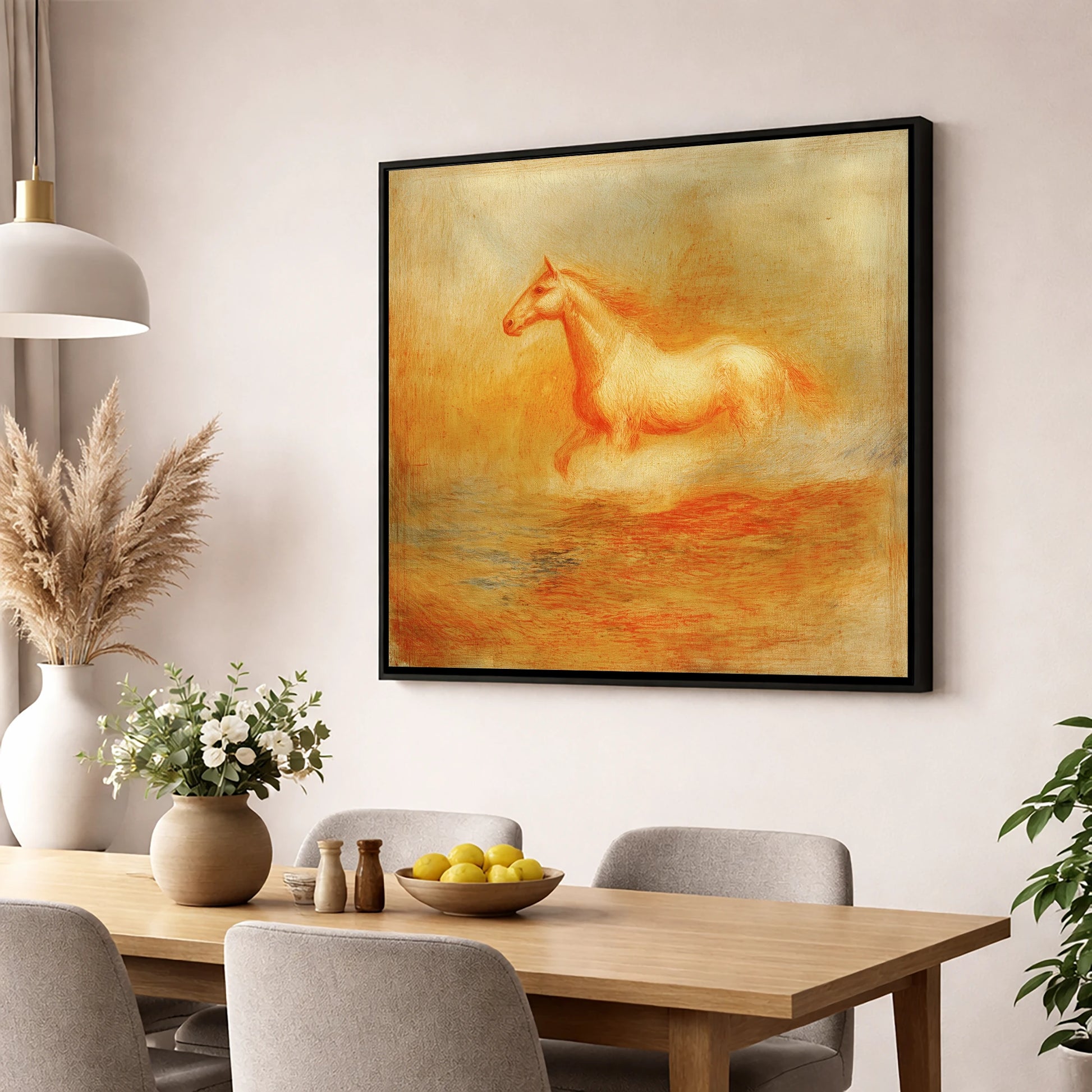 The Ethereal Canter wild horses wall art displayed in a dining room