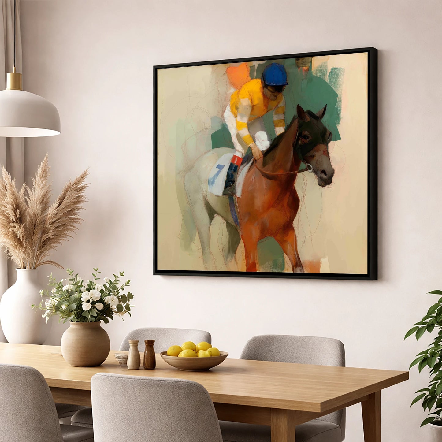 Silks at the Start racing horse wall art displayed in a dining room