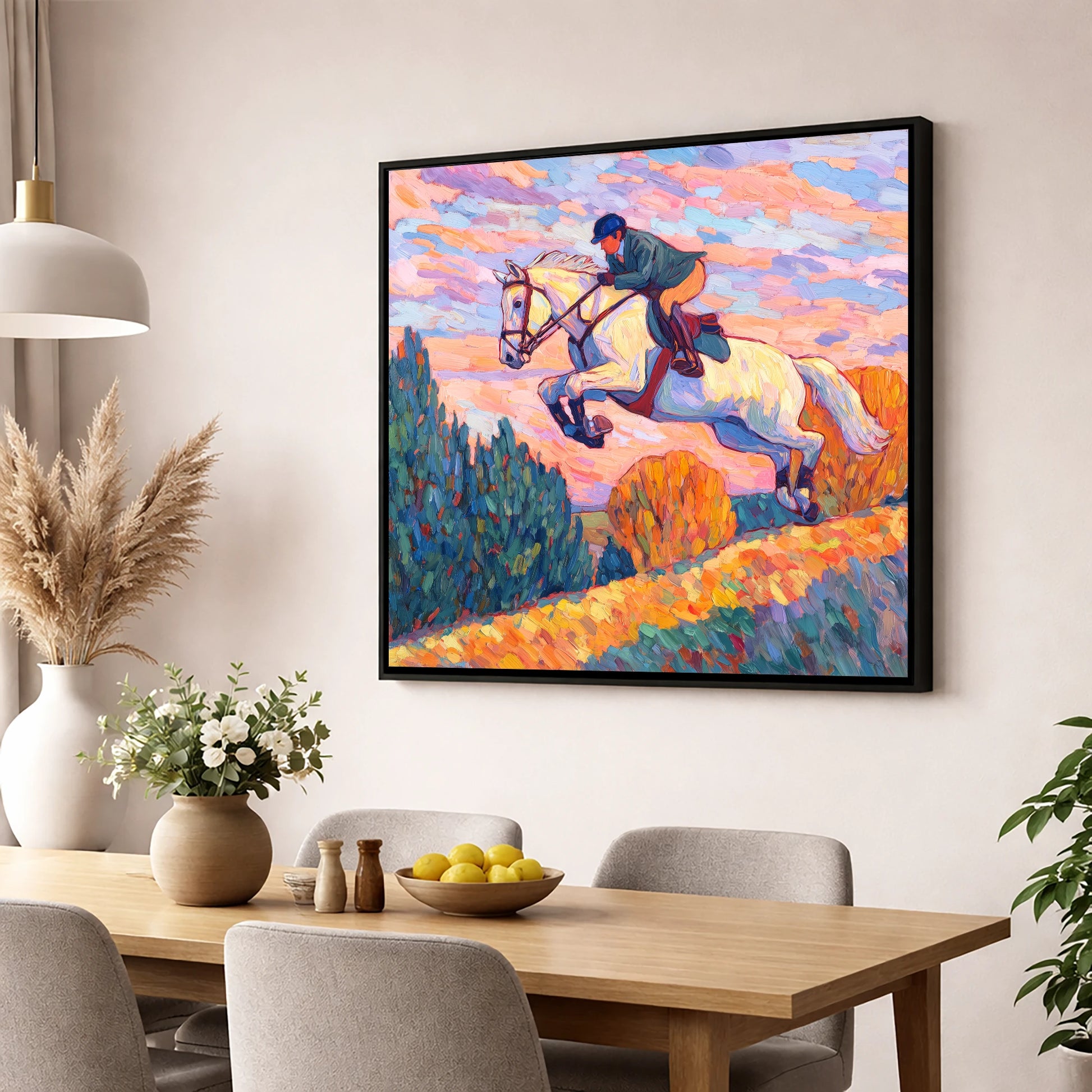 Airborne at Dusk show jumping horse wall art displayed in a dining room
