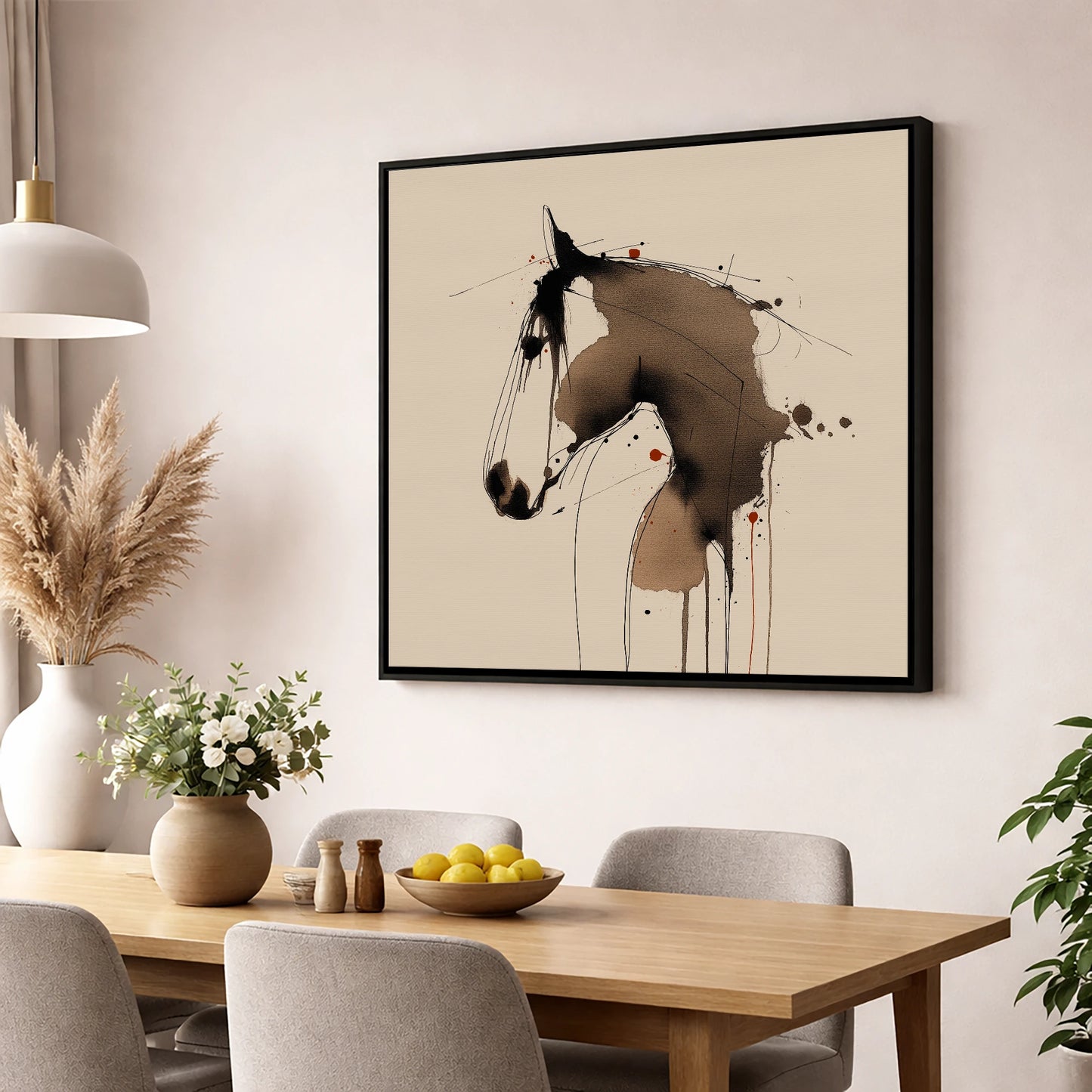 Fluid Sepia Equine Profile horse portrait wall art displayed in a dining room