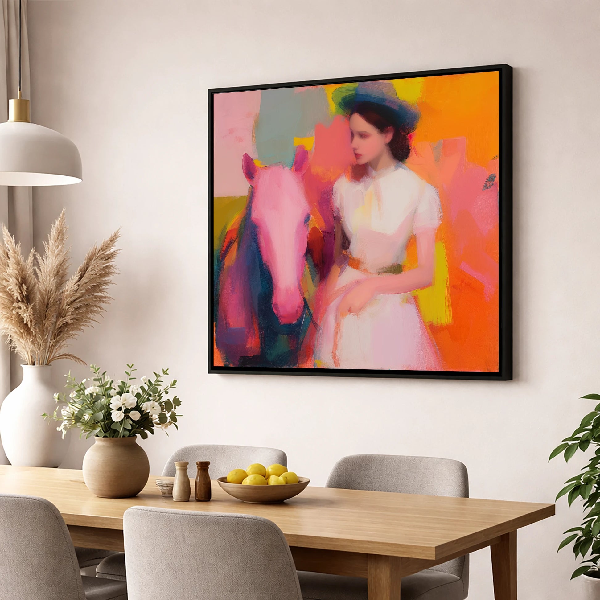 The Vibrant Companion horse & rider wall art displayed in a dining room