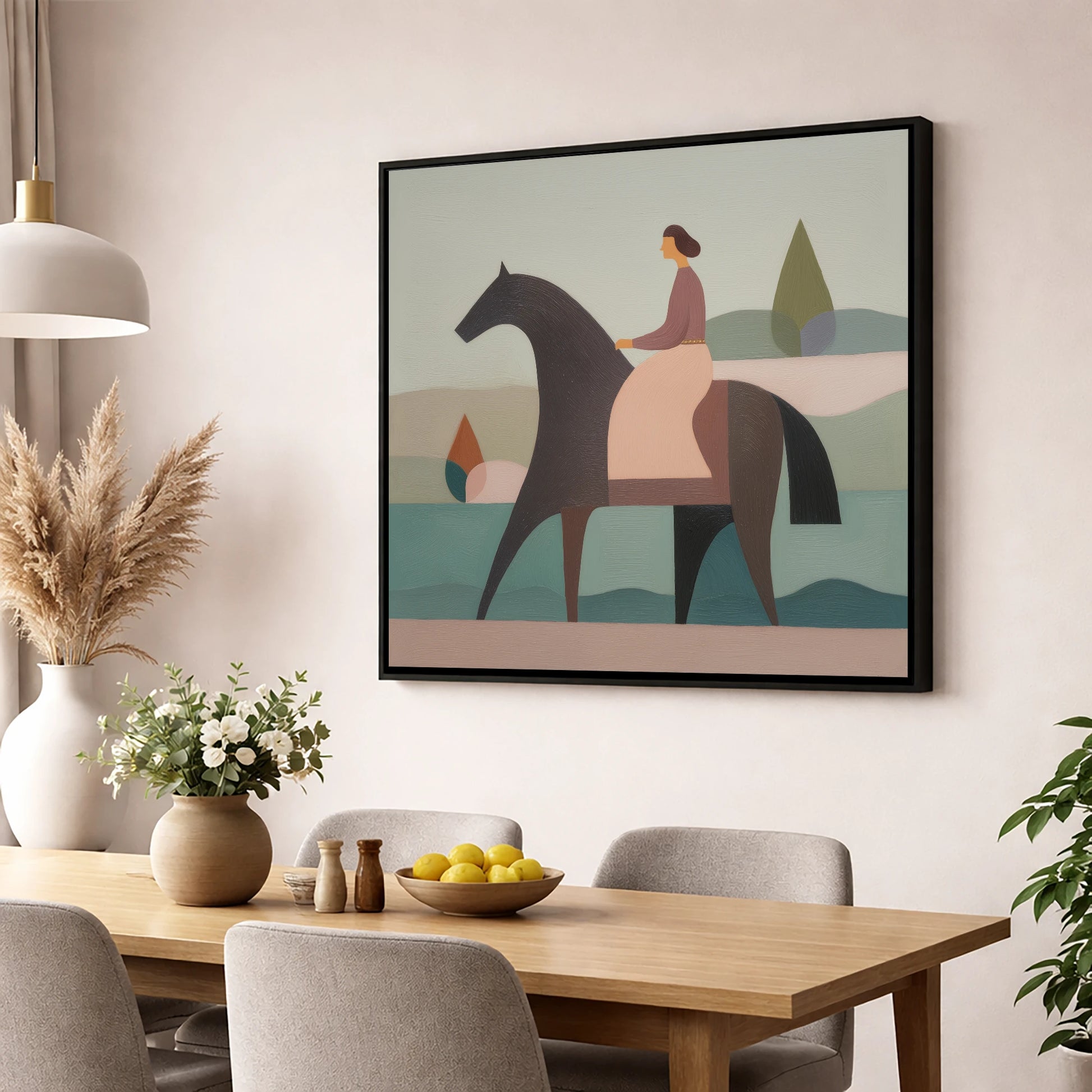 Quiet Harmony dressage horse wall art displayed in a dining room