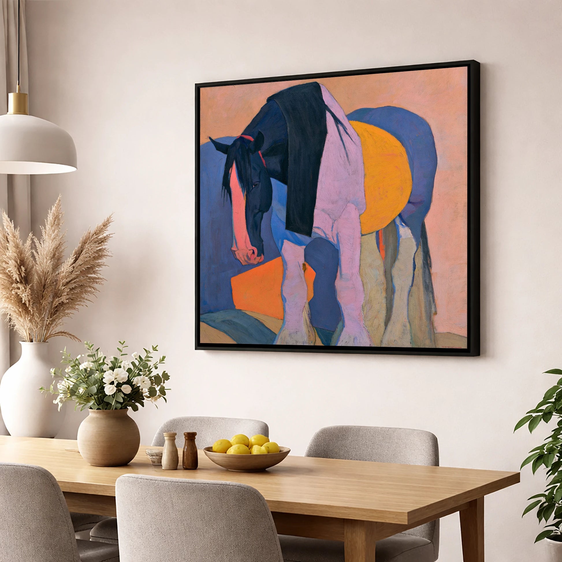 Colourful Abstract Shire Horse horse breed wall art displayed in a dining room
