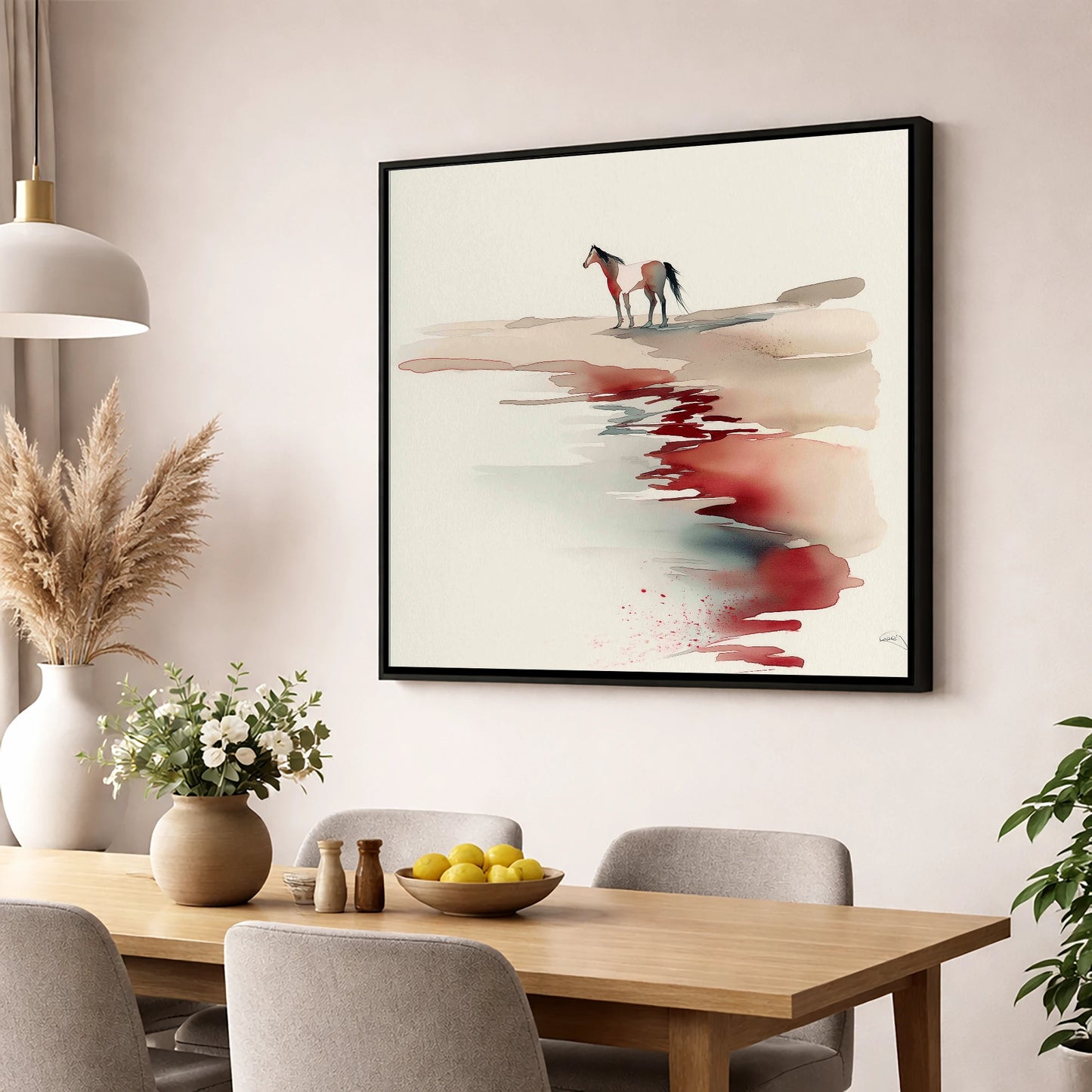 Crimson Horizon horse landscape wall art displayed in a dining room
