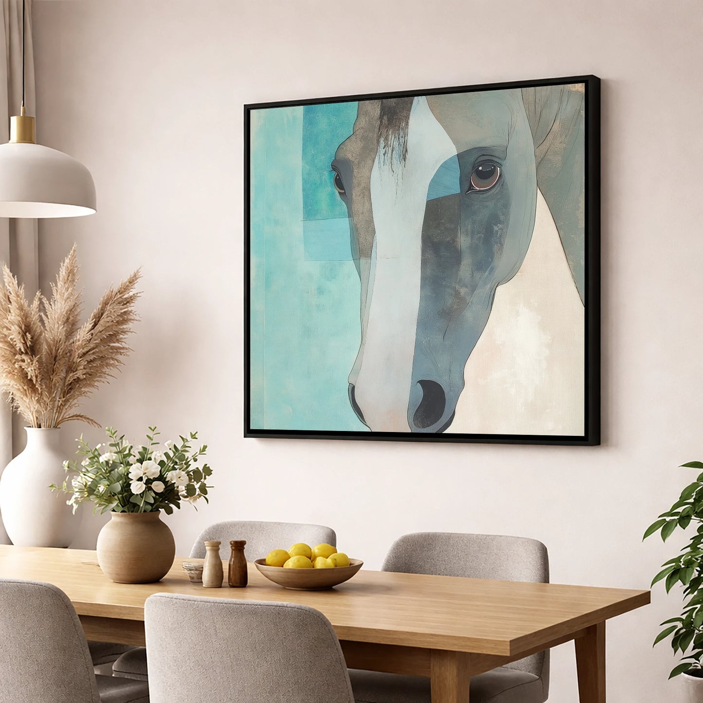 Modern Grey Gaze horse portrait wall art displayed in a dining room