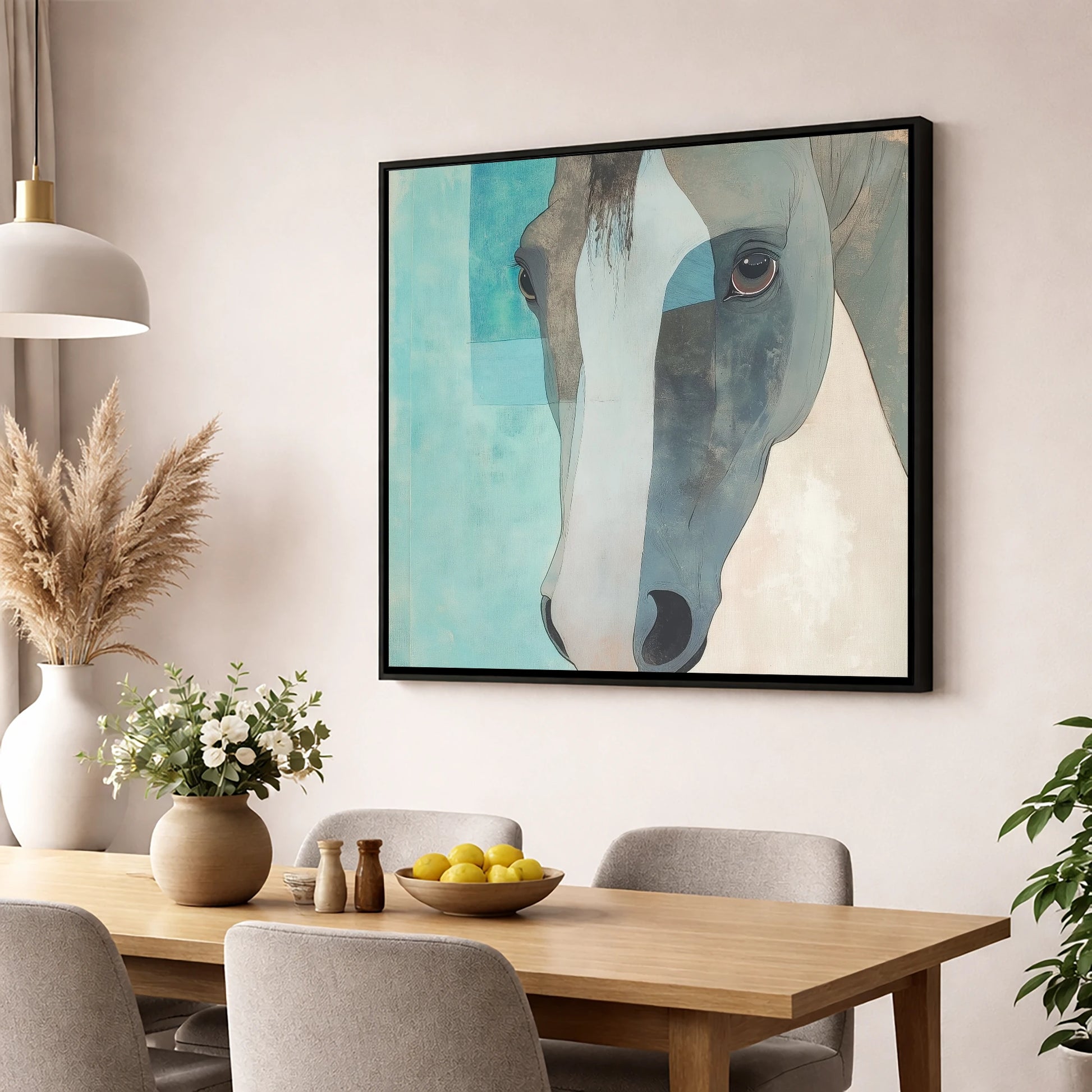 Modern Grey Gaze horse portrait wall art displayed in a dining room