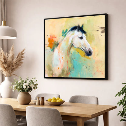 Gestural Grey Portrait horse portrait wall art displayed in a dining room