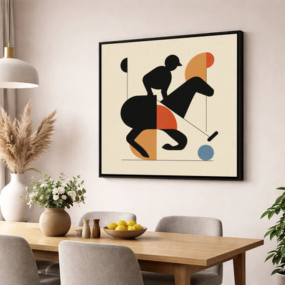 Mid-Century Polo Strike polo horse wall art displayed in a dining room