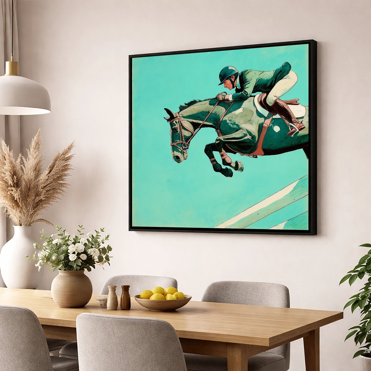 Mid-Air Mastery show jumping horse wall art displayed in a dining room
