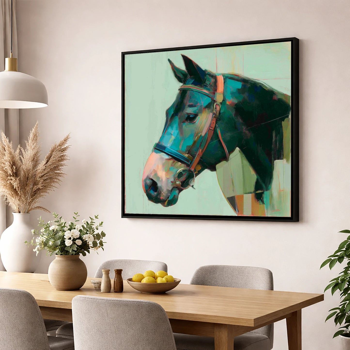 The Midnight Bridle horse portrait wall art displayed in a dining room