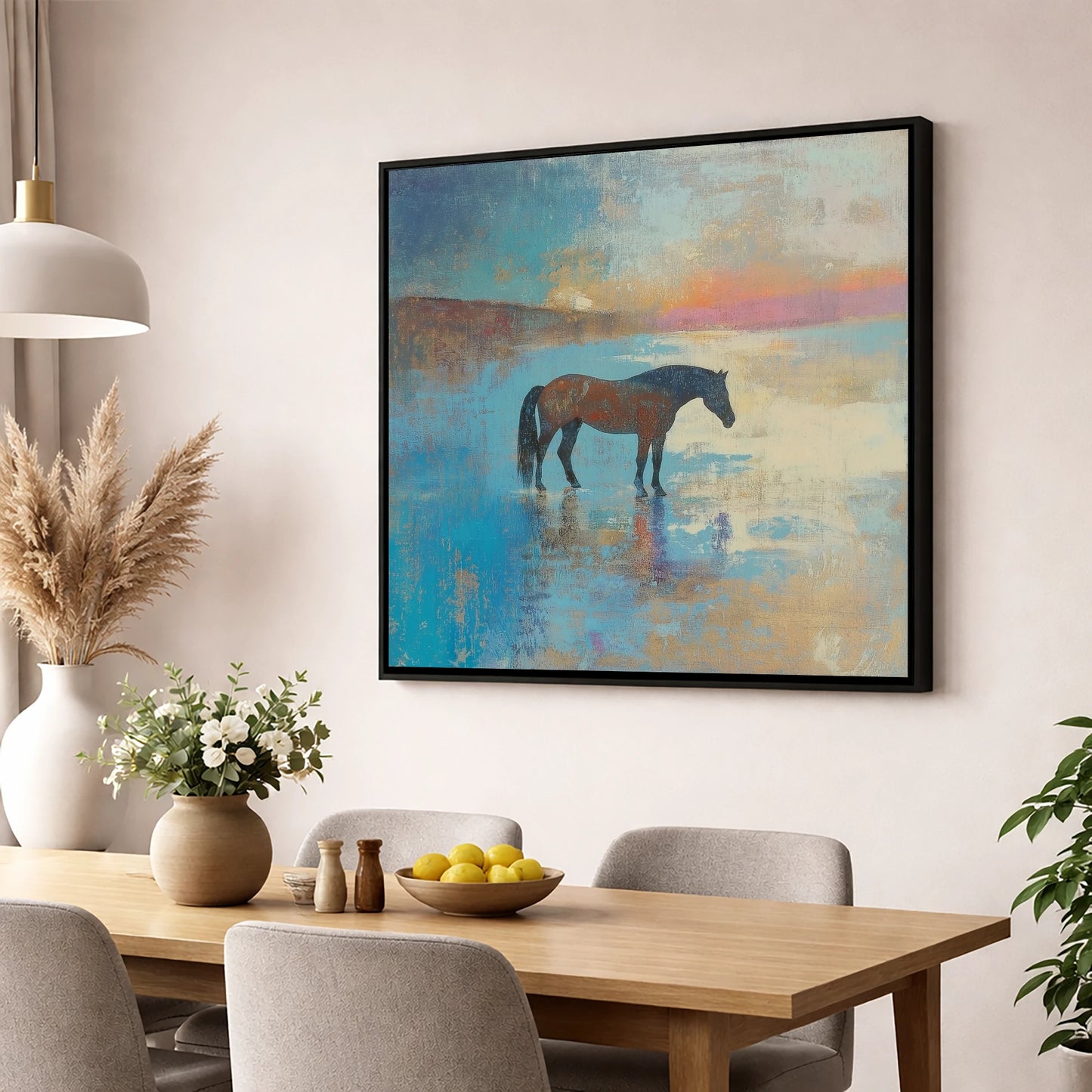 Silent Waters horse landscape wall art displayed in a dining room